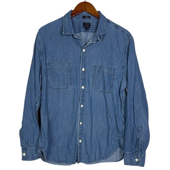 J. Crew Mens Slim Untucked Chambray Long Sleeve Denim Button Down Shirt L Blue - Picture 1 of 16